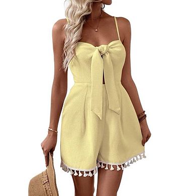 Womens Summer Short Rompers Tie Front Jumpsuit Casual V Neck Wide Leg Beach Overalls