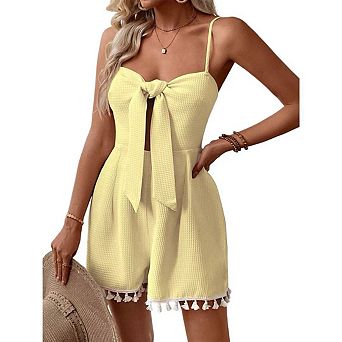 Womens Summer Short Rompers Tie Front Jumpsuit Casual V Neck Wide Leg Beach Overalls