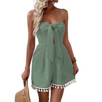 Womens Summer Short Rompers Tie Front Jumpsuit Casual V Neck Wide Leg Beach Overalls