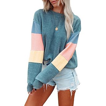 Women's Long Sleeve Crewneck Color Block Sweatshirts Casual Cute Lightweight Pullover Tops
