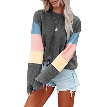 Women's Long Sleeve Crewneck Color Block Sweatshirts Casual Cute Lightweight Pullover Tops