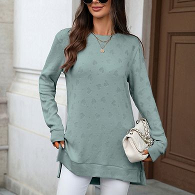 Women's Long Sleeve Shirts Loose Fit Soft Blouse, Crew Neck Solid Color Side Split Hem Tops