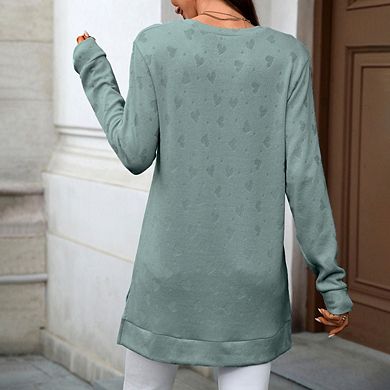 Women's Long Sleeve Shirts Loose Fit Soft Blouse, Crew Neck Solid Color Side Split Hem Tops