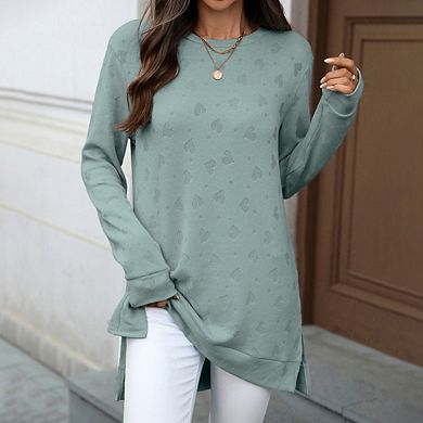 Women's Long Sleeve Shirts Loose Fit Soft Blouse, Crew Neck Solid Color Side Split Hem Tops
