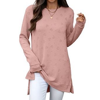 Women's Long Sleeve Shirts Loose Fit Soft Blouse, Crew Neck Solid Color Side Split Hem Tops