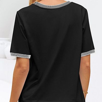 Womens Round Neck Tops Short Sleeve Color Block Ribbed Knit Blouse