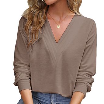 Women's Casual Long Sleeve Shirts V Neck Top Basic Blouses