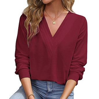 Women's Casual Long Sleeve Shirts V Neck Top Basic Blouses