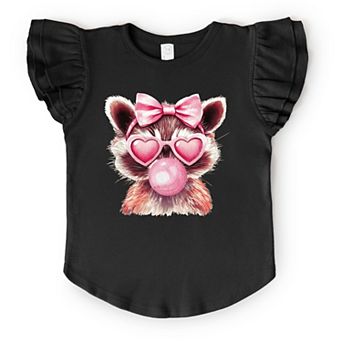 Valentine Raccoon With Bubblegum - Flutter Sleeve Graphic T-Shirt