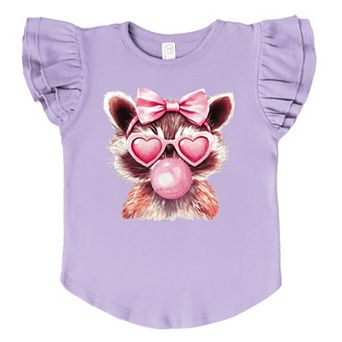 Valentine Raccoon With Bubblegum - Flutter Sleeve Graphic T-Shirt