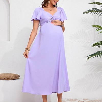 Maternity Dress Ruffle Short Sleeve V Neck Twist Front Summer Midi Dress Baby  Shower Photoshoot