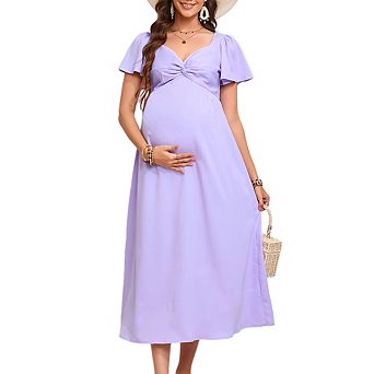Maternity Ruffle Short Sleeve V Neck Twist Front Summer Midi Dress Baby Shower