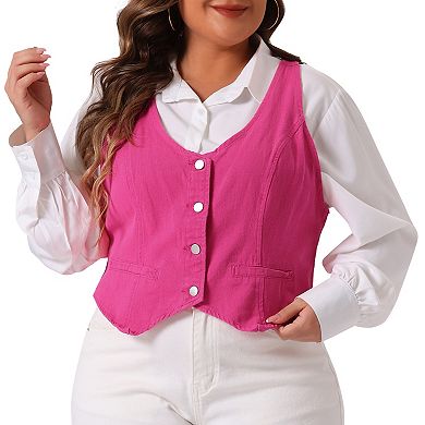 Women's Plus Size Denim Sleeveless Jacket Button Up Vintage Jean Waistcoat Vests