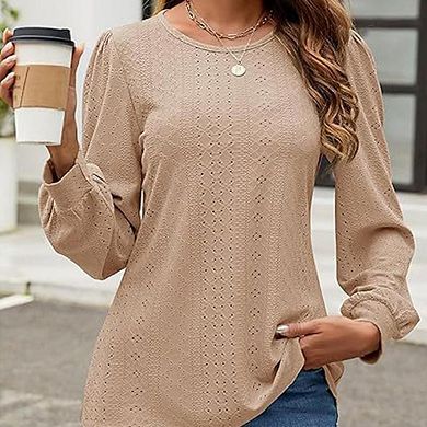 Women's Round Neck Top Puff Sleeve Casual Long Sleeve Tshirt Blouse