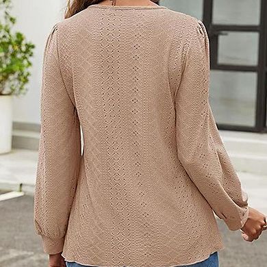 Women's Round Neck Top Puff Sleeve Casual Long Sleeve Tshirt Blouse