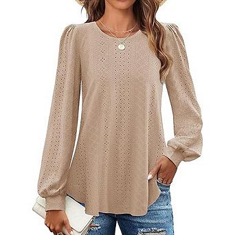 Women's Round Neck Top Puff Sleeve Casual Long Sleeve Tshirt Blouse