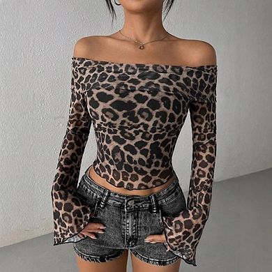 Women's Leopard Print Off Shoulder Crop Top with Sheer Long Sleeves Flared Cuffs