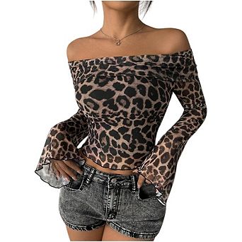 Women's Leopard Print Off Shoulder Crop Top with Sheer Long Sleeves Flared Cuffs