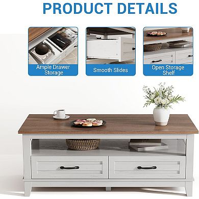 IDEALHOUSE Farmhouse Coffee Table with 2 Drawers and Open Shelf