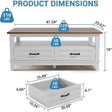 IDEALHOUSE Farmhouse Coffee Table with 2 Drawers and Open Shelf