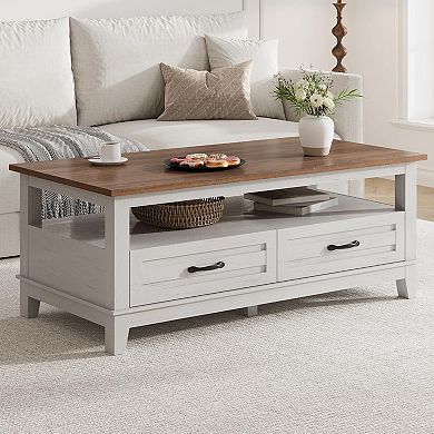 IDEALHOUSE Farmhouse Coffee Table with 2 Drawers and Open Shelf