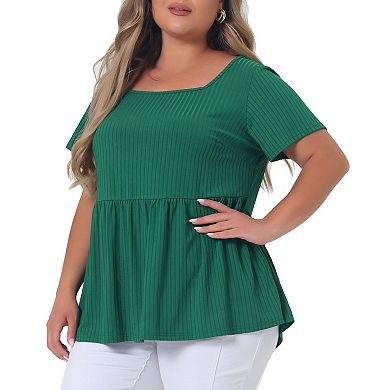 Women's Plus Size Square Neck Textured Printed Short Sleeve Tops