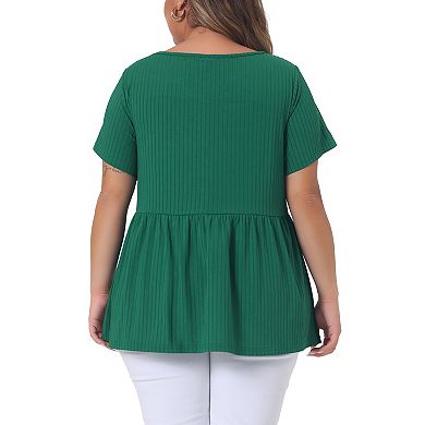 Women's Plus Size Square Neck Textured Printed Short Sleeve Tops
