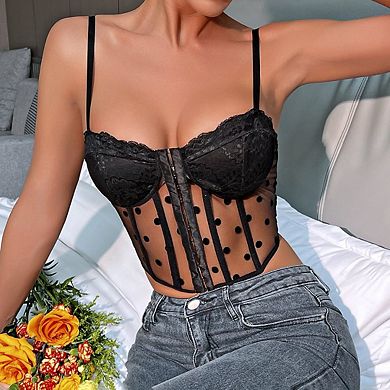 Womens Corset Top Flocked Dot Mesh Bustier Cami with Boning