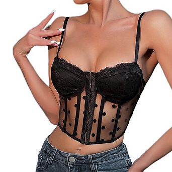 Womens Corset Top Flocked Dot Mesh Bustier Cami with Boning