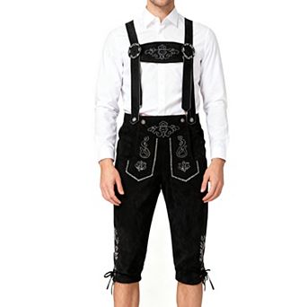 Men's Suede Leather Oktoberfest Lederhosen, Suspendier 3/4 Length Bavarian Leather Shorts