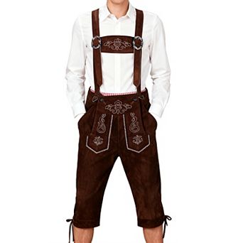 Men's Suede Leather Oktoberfest Lederhosen, Suspendier 3/4 Length Bavarian Leather Shorts