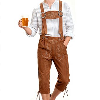 Men's Suede Leather Oktoberfest Lederhosen, Suspendier 3/4 Length Bavarian Leather Shorts