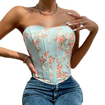 Womens Vintage Floral Denim Overbust Corset Bustier Top