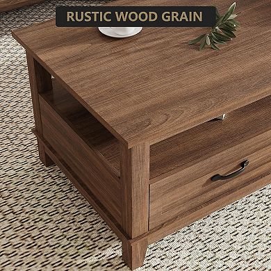 IDEALHOUSE Farmhouse Coffee Table with 2 Drawers and Open Shelf