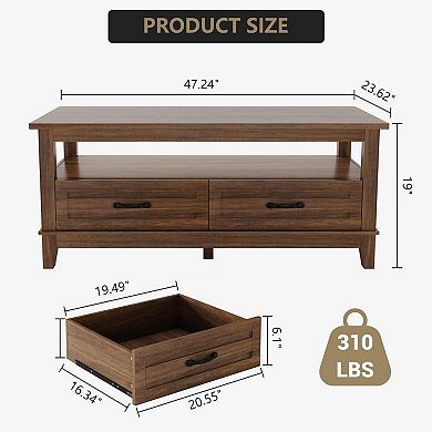 IDEALHOUSE Farmhouse Coffee Table with 2 Drawers and Open Shelf
