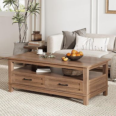 IDEALHOUSE Farmhouse Coffee Table with 2 Drawers and Open Shelf