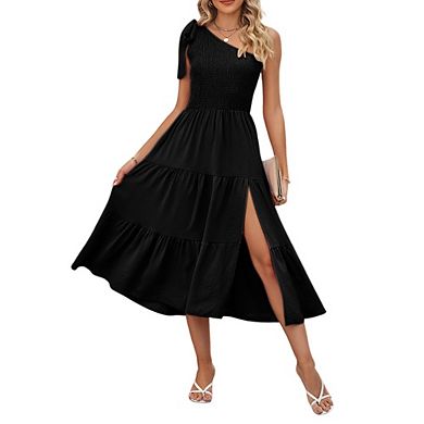 Womens Dress One Shoulder Smocked Tiered Split Hem Sleeveless Midi Dress