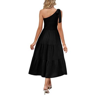 Womens Dress One Shoulder Smocked Tiered Split Hem Sleeveless Midi Dress