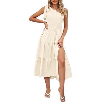 Womens One Shoulder Smocked Tiered Split Hem Sleeveless Midi Dress