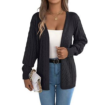 Womens Crochet Cardigan Sweater Boho Solid Color Oversized Open Front Outwear