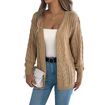 Womens Crochet Cardigan Sweater Boho Solid Color Oversized Open Front Outwear