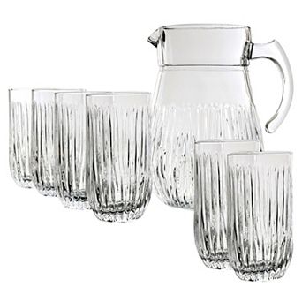 Glass Pitcher and Tumbler Set, 65 oz Pitcher with Six 14 oz Grooved Glasses - Clear