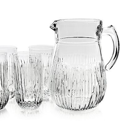 Glass Pitcher and Tumbler Set, 65 oz Pitcher with Six 14 oz Grooved Glasses - Clear
