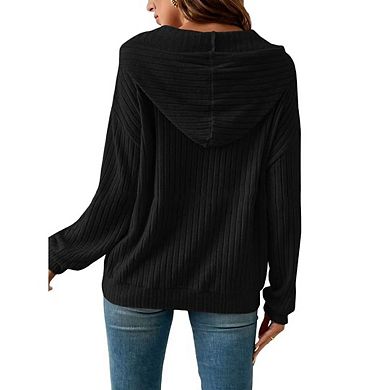 Women Oversized Hoodies Casual Long Sleeve Textured Knit Drawstring Pullover Sweatshirts with Pocket