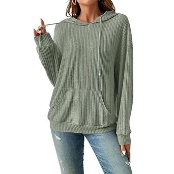 Women Oversized Hoodies Casual Long Sleeve Textured Knit Drawstring Pullover Sweatshirts with Pocket