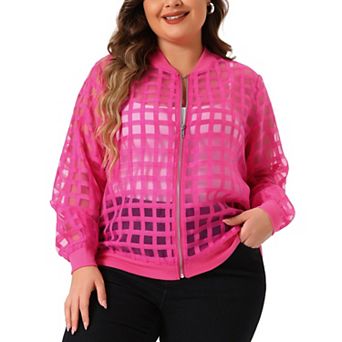 Women's Plus Size Bomber Jacket Hollow Out Long Sleeve Baseball Collar Zip Up Outerwear