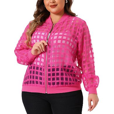 Women's Plus Size Bomber Jacket Hollow Out Long Sleeve Baseball Collar Zip Up Outerwear