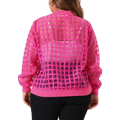 Women's Plus Size Bomber Jacket Hollow Out Long Sleeve Baseball Collar Zip Up Outerwear