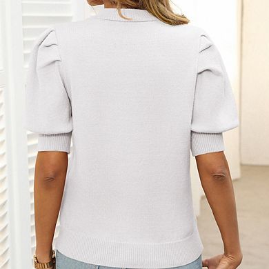 Womens Casual Round Neck Puff Sleeve Short Sleeve Knit Top Blouse