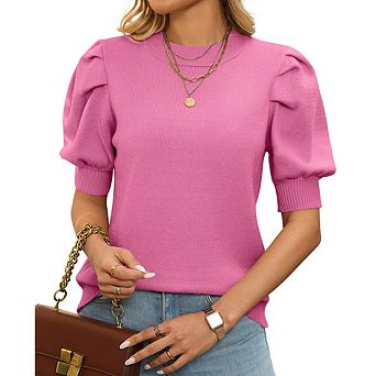Womens Casual Round Neck Puff Sleeve Short Sleeve Knit Top Blouse